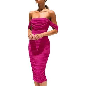 PrettyGarden Women L Ruched Off The Shoulder Midi Dress Bodycon Rose Red NWT